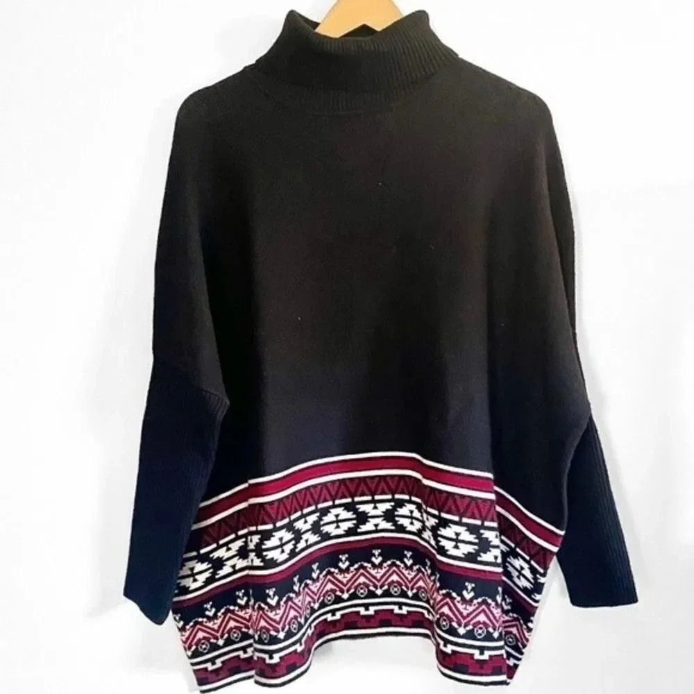 NWT Joseph A. Tribal Print Black Turtleneck Sweater